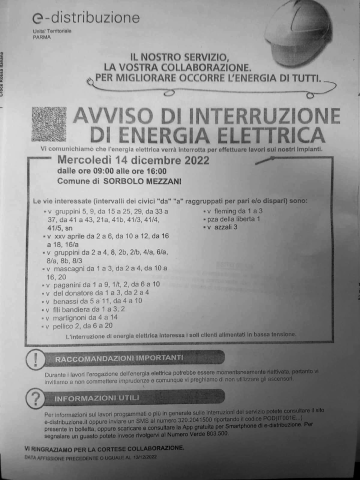 Interruzione energia elettrica nella giornata di mercoledì 14 dicembre